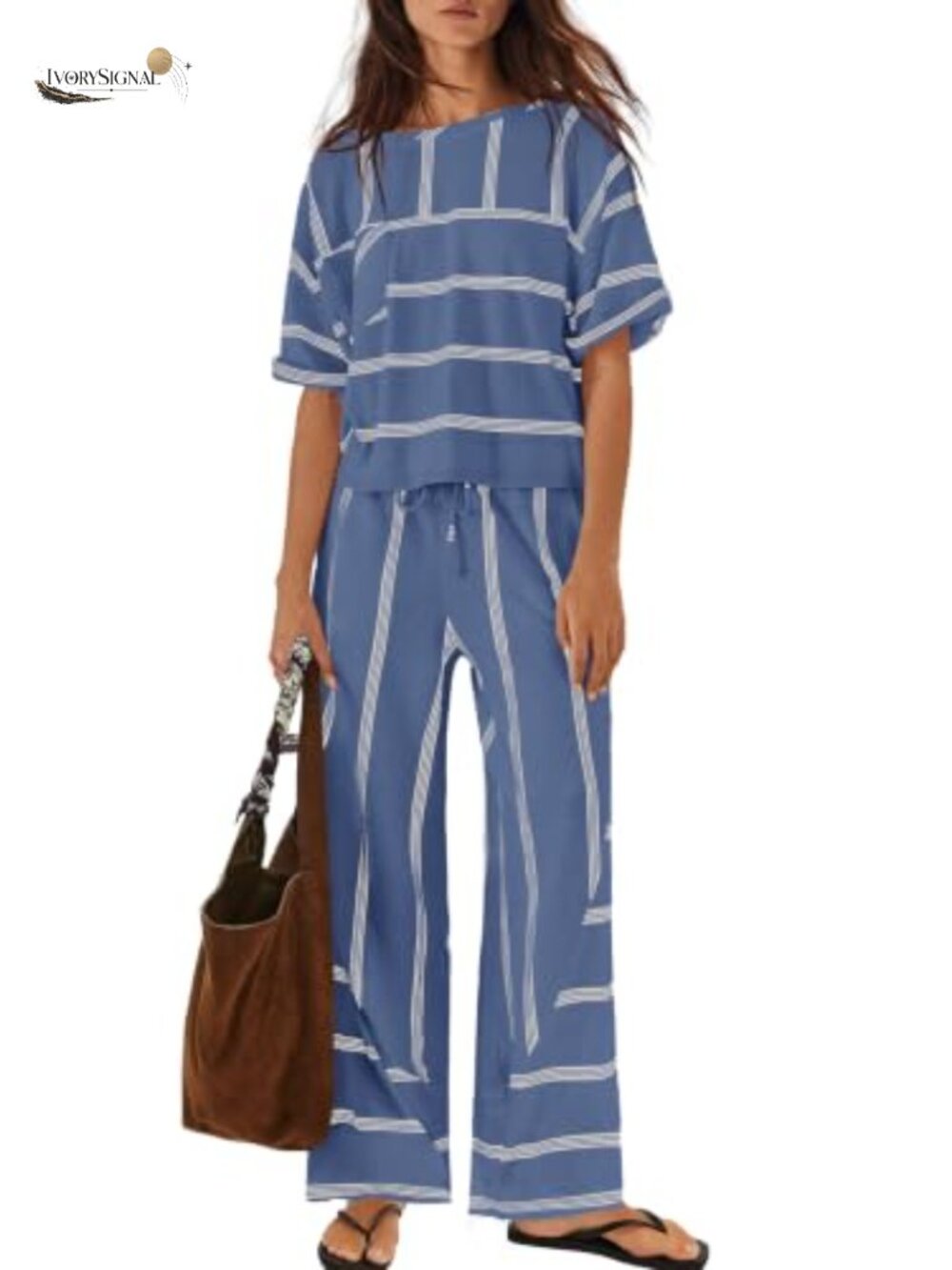 Women's Striped Lounge Set 2-Piece Short Sleeve Top Wide Leg Pants Vacation